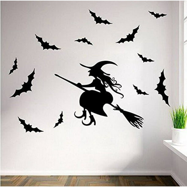 Beautiful Young Witch and Bats Wall Decals Window Stickers Halloween Vinyl Decor 